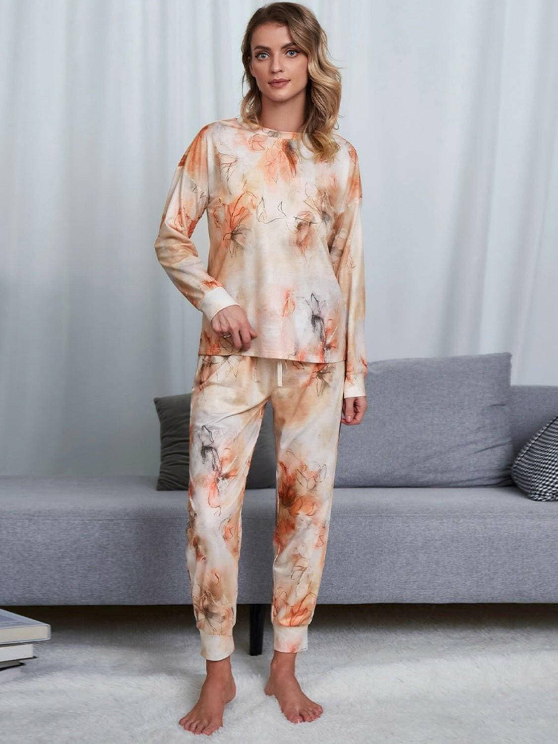 Chic Tie-Dye Lounge Ensemble with Round Neck Top and Pants - Love Salve 