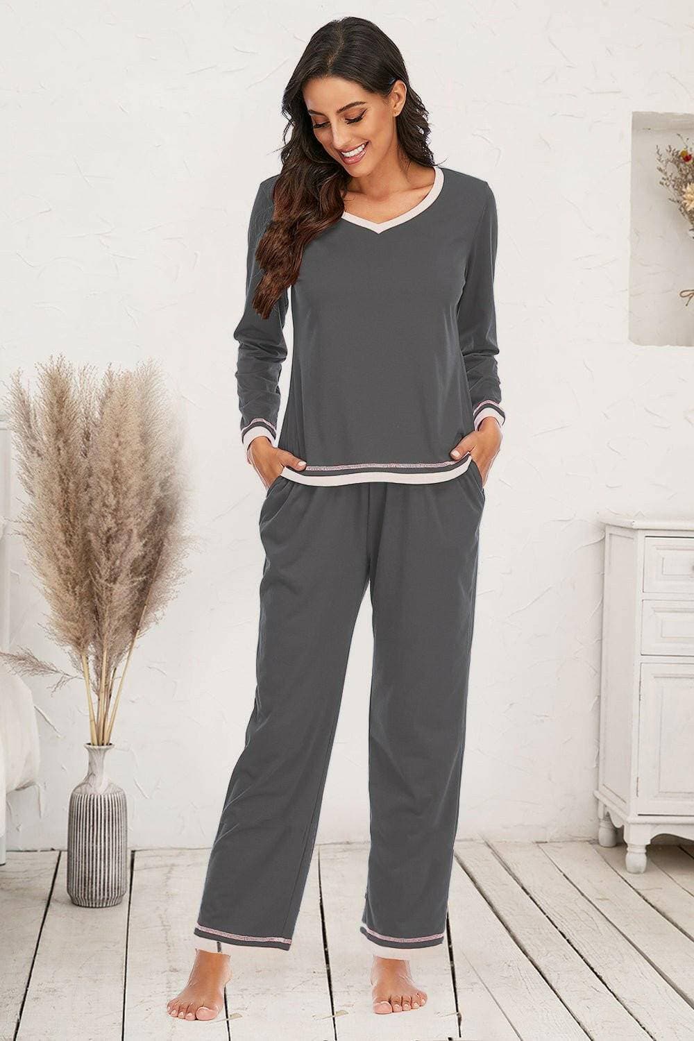 Cozy V-Neck Lounge Set with Pocketed Top and Stretchy PantsCozy V-Neck Lounge Set with Pocketed Top and Stretchy Pants
 Upgrade your loungewear collection with our Cozy V-Neck Lounge Set, a luxurious ensemble that combines cLove Salve -Neck Lounge Setlounge