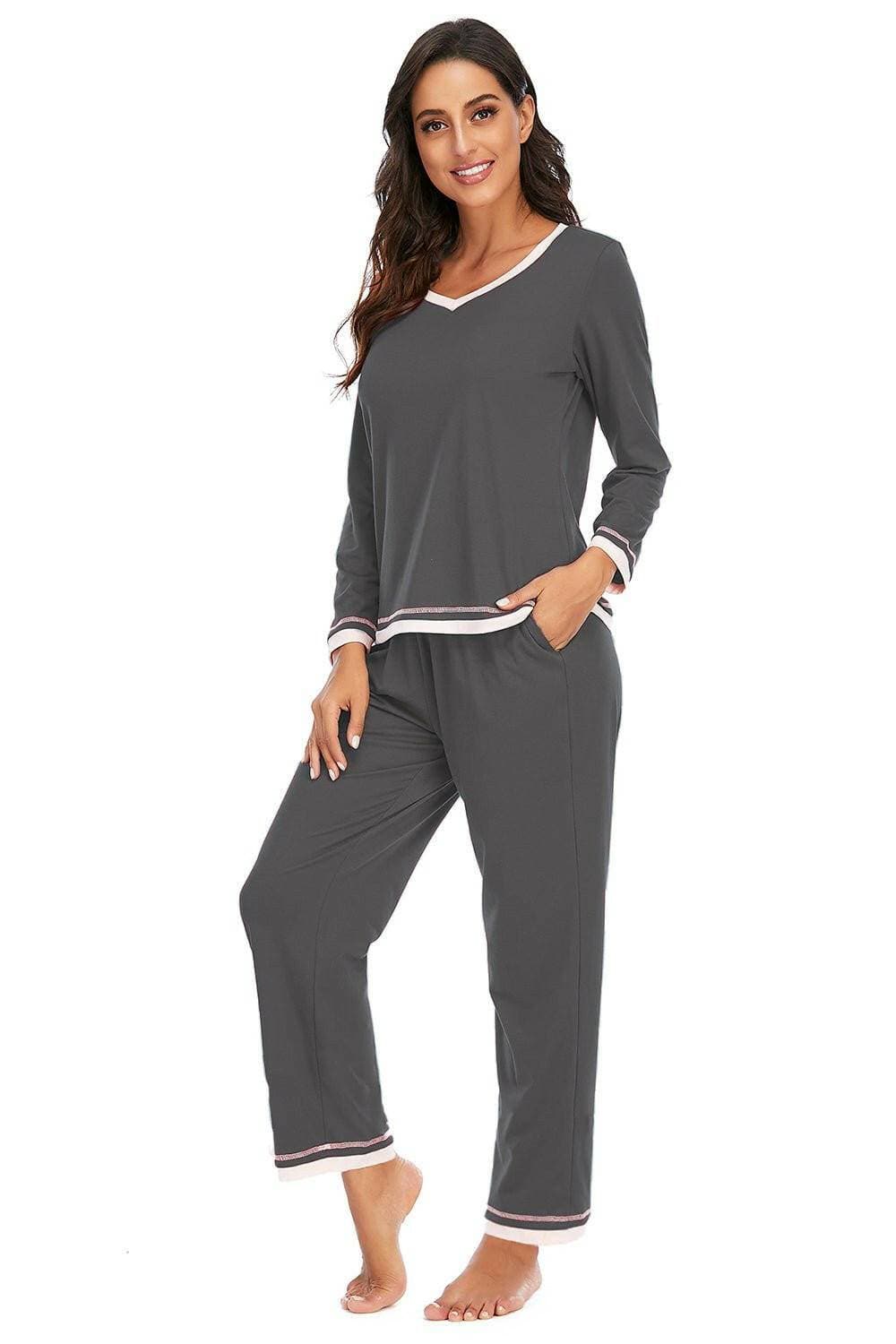 Cozy V-Neck Lounge Set with Pocketed Top and Stretchy PantsCozy V-Neck Lounge Set with Pocketed Top and Stretchy Pants
 Upgrade your loungewear collection with our Cozy V-Neck Lounge Set, a luxurious ensemble that combines cLove Salve -Neck Lounge Setlounge