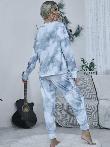 Schickes Tie-Dye-Lounge-Set mit Rundhals-Top und Hose mit Kordelzug