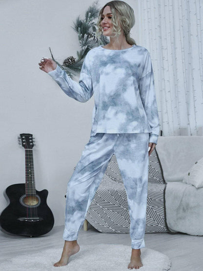 Schickes Tie-Dye-Lounge-Set mit Rundhals-Top und Hose mit Kordelzug