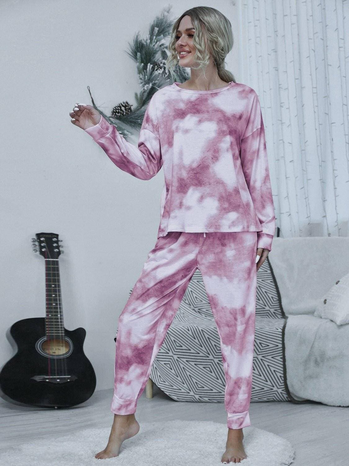 Schickes Tie-Dye-Lounge-Set mit Rundhals-Top und Hose mit Kordelzug