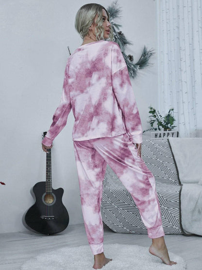 Trendy Tie-Dye Lounge Set with Cozy Round Neck Top and Adjustable Pants