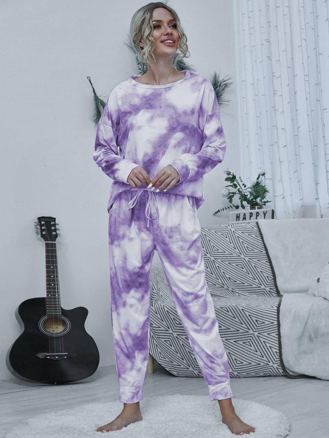 Trendy Tie-Dye Lounge Set with Cozy Round Neck Top and Adjustable Pants