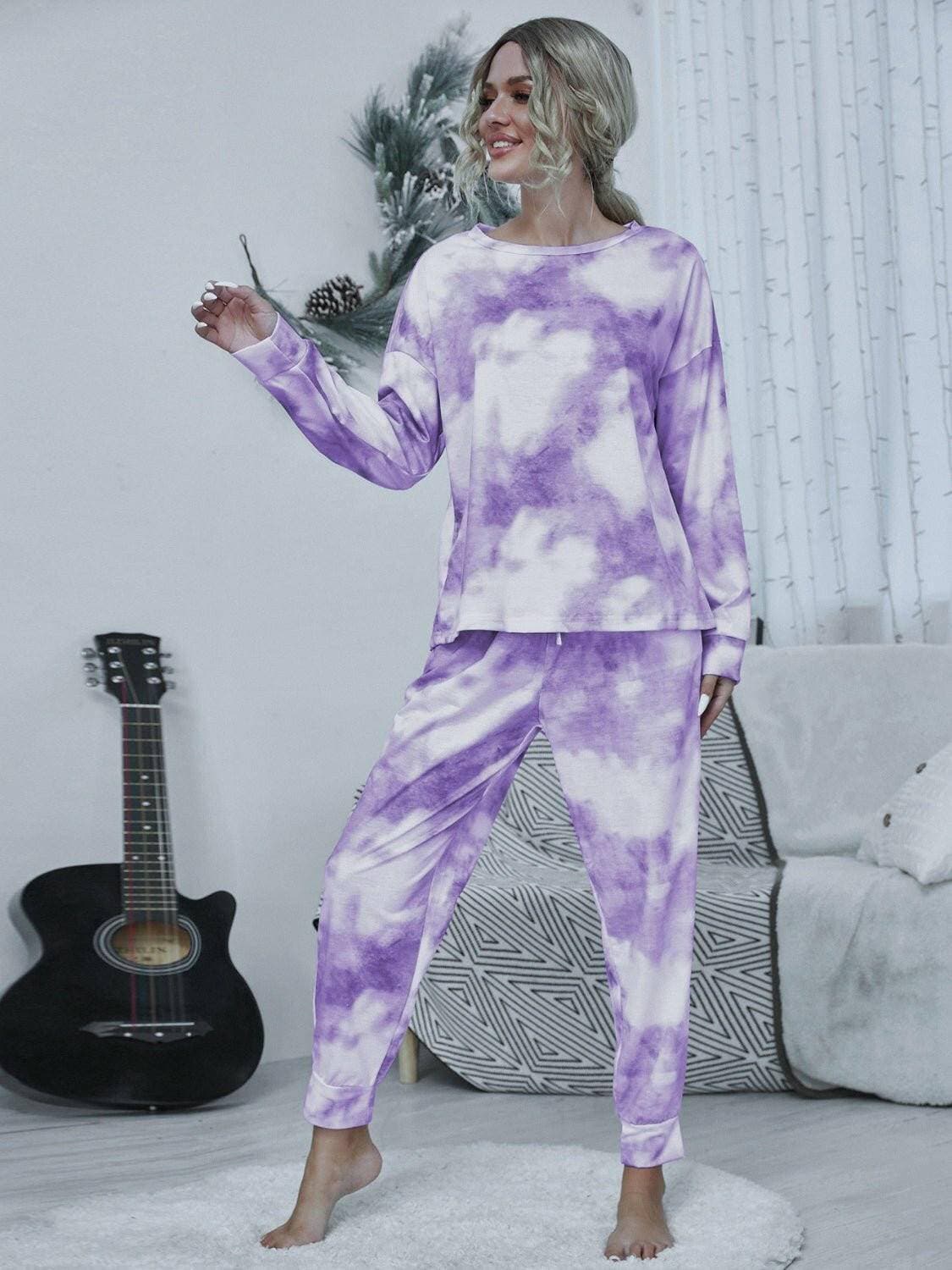 Trendy Tie-Dye Lounge Set with Cozy Round Neck Top and Adjustable Pants