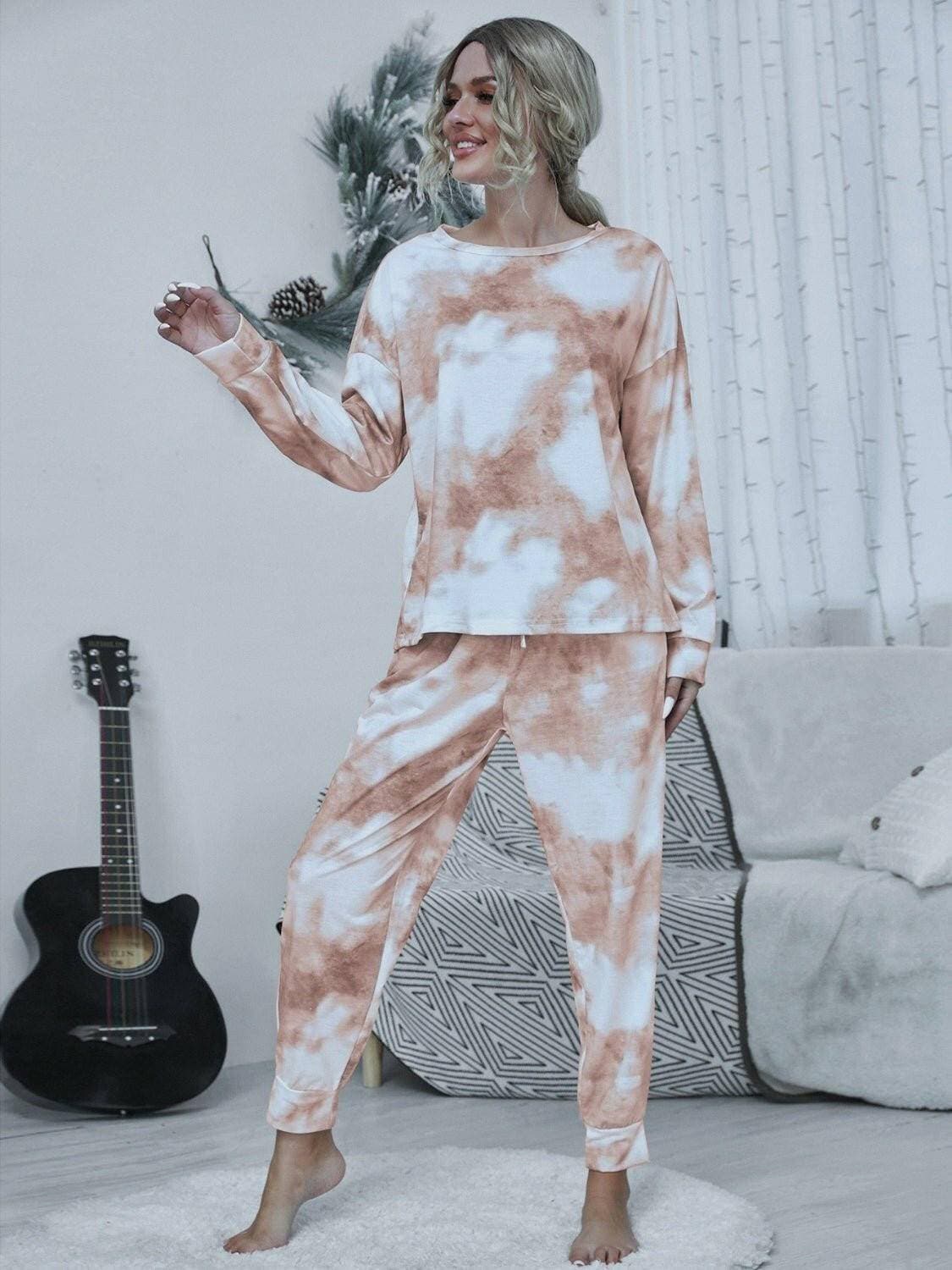 Trendy Tie-Dye Lounge Set with Cozy Round Neck Top and Adjustable Pants