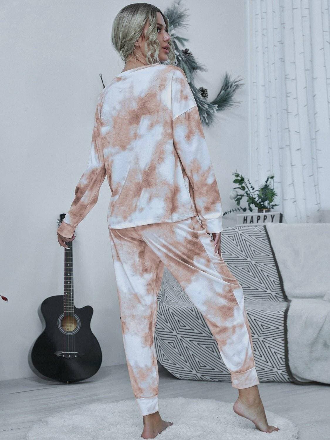 Trendy Tie-Dye Lounge Set with Cozy Round Neck Top and Adjustable Pants