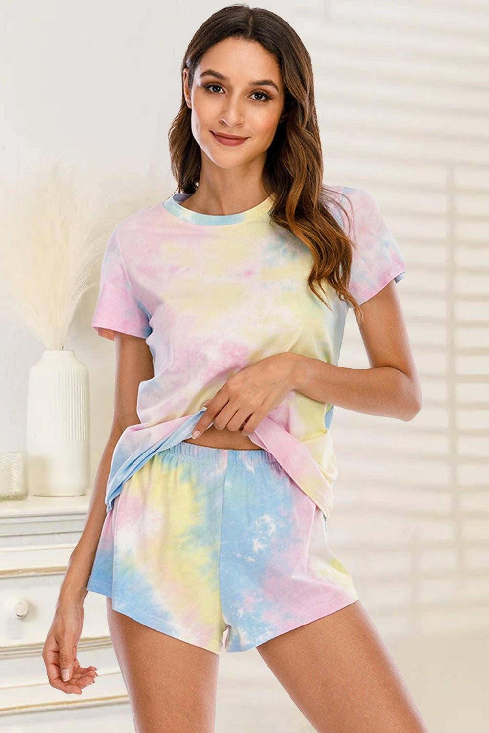 Tie-Dye Cozy Lounge Set with Round Neck Top and ShortsIndulge in Comfort and Style
 Experience the perfect blend of comfort and style with our Tie-Dye Cozy Lounge Set. Whether you're lounging at home or running a quick Love Salve Tie-Dye Cozy Lounge Setlounge