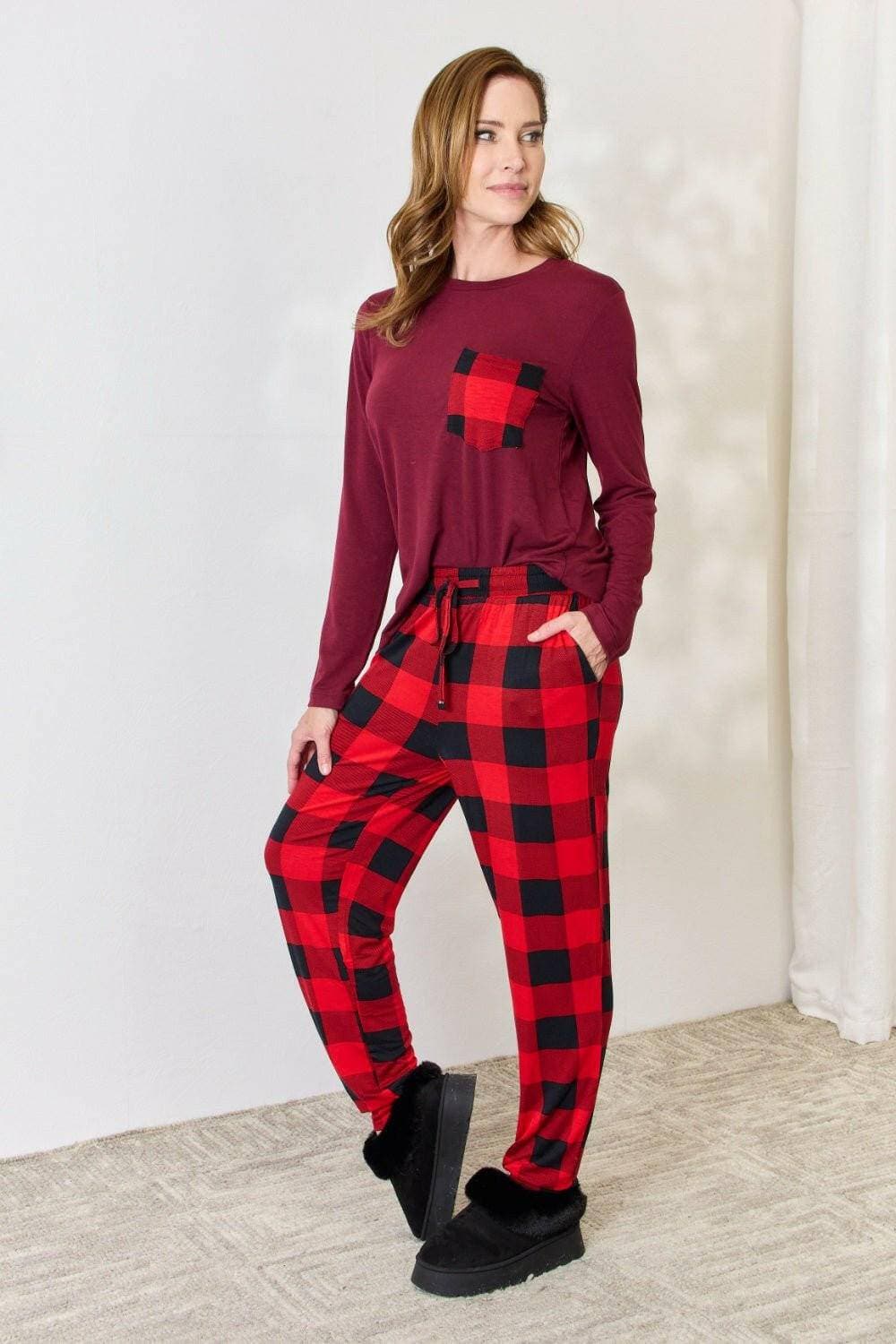 Plush Tartan Lounge Ensemble with Front Pouch Top and Stretchy Waist TElevate Your Comfort with Our Plush Tartan Lounge Ensemble
 Embrace the perfect blend of style and functionality with our Plush Tartan Lounge Ensemble. This chic twoLove Salve Plush Tartan Lounge Ensemblelounge