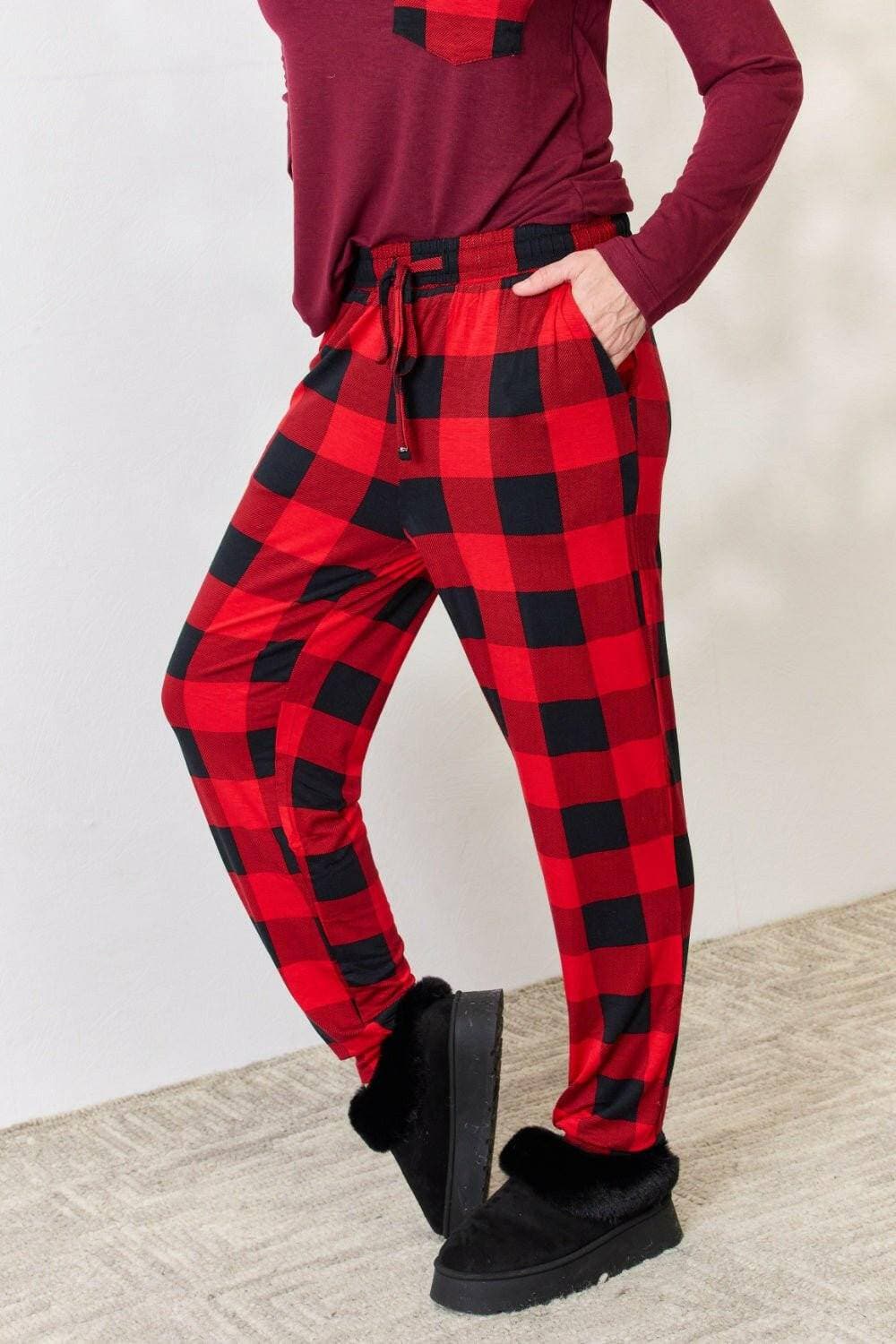 Plush Tartan Lounge Ensemble with Front Pouch Top and Stretchy Waist TElevate Your Comfort with Our Plush Tartan Lounge Ensemble
 Embrace the perfect blend of style and functionality with our Plush Tartan Lounge Ensemble. This chic twoLove Salve Plush Tartan Lounge Ensemblelounge