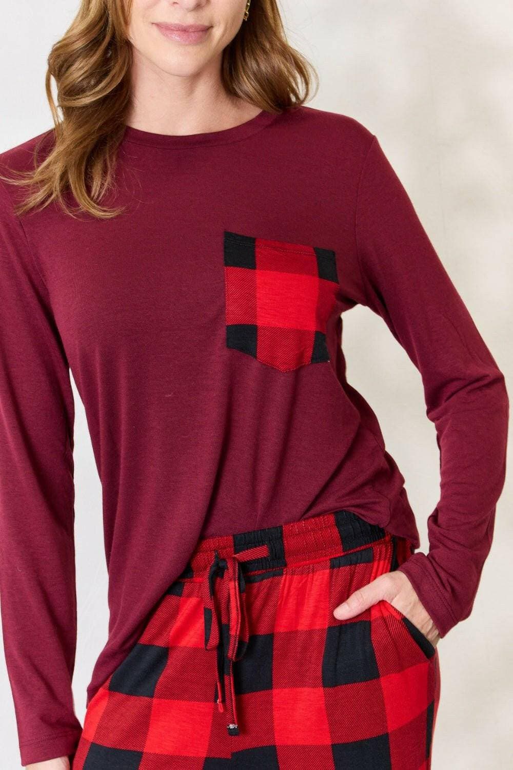 Plush Tartan Lounge Ensemble with Front Pouch Top and Stretchy Waist TElevate Your Comfort with Our Plush Tartan Lounge Ensemble
 Embrace the perfect blend of style and functionality with our Plush Tartan Lounge Ensemble. This chic twoLove Salve Plush Tartan Lounge Ensemblelounge