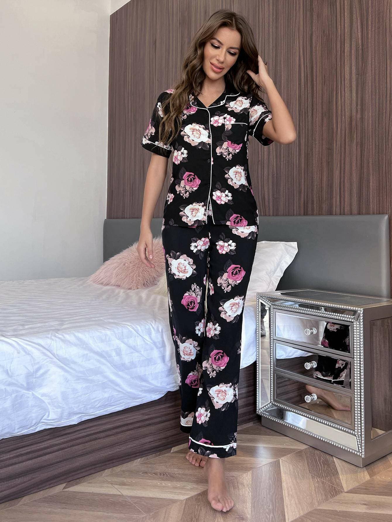 Floral Bliss Lounge Set with Short Sleeve Shirt and PantsUpgrade Your Loungewear with our Floral Bliss Lounge Set
 
 Chic Two-Piece Set: Embrace style and comfort with our floral design ensemble.
 Casual Yet Polished: PerfLove Salve Floral Bliss Lounge Setlounge