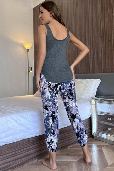 Floral Fantasy Sleeveless Lounge Set with Crop Pants - Love Salve 