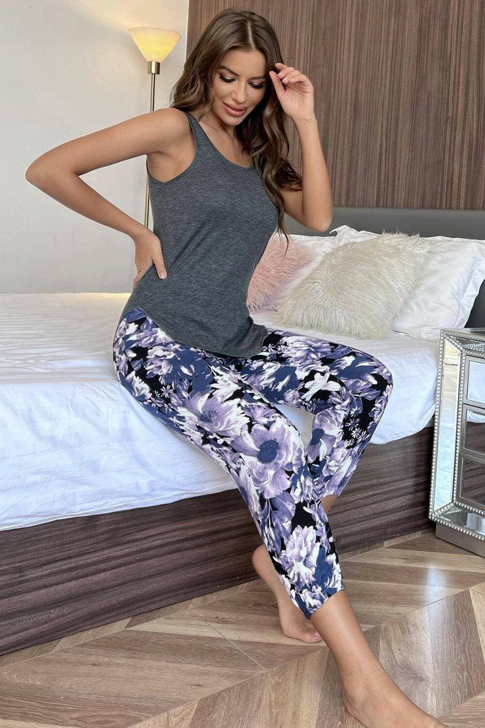 Floral Fantasy Sleeveless Lounge Set with Crop Pants - Love Salve 