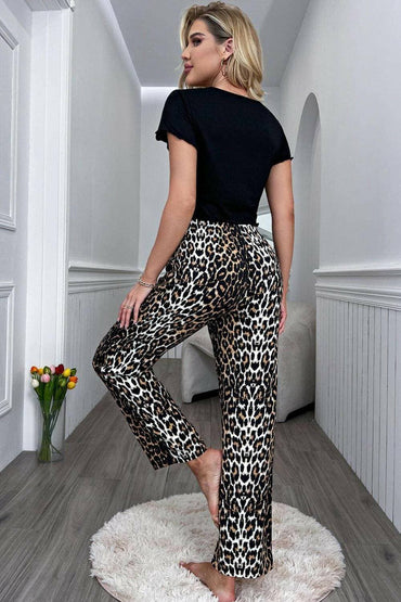 Leopard Print Lounge Set with Lettuce Hem Crop Top and Pants - Love Salve 