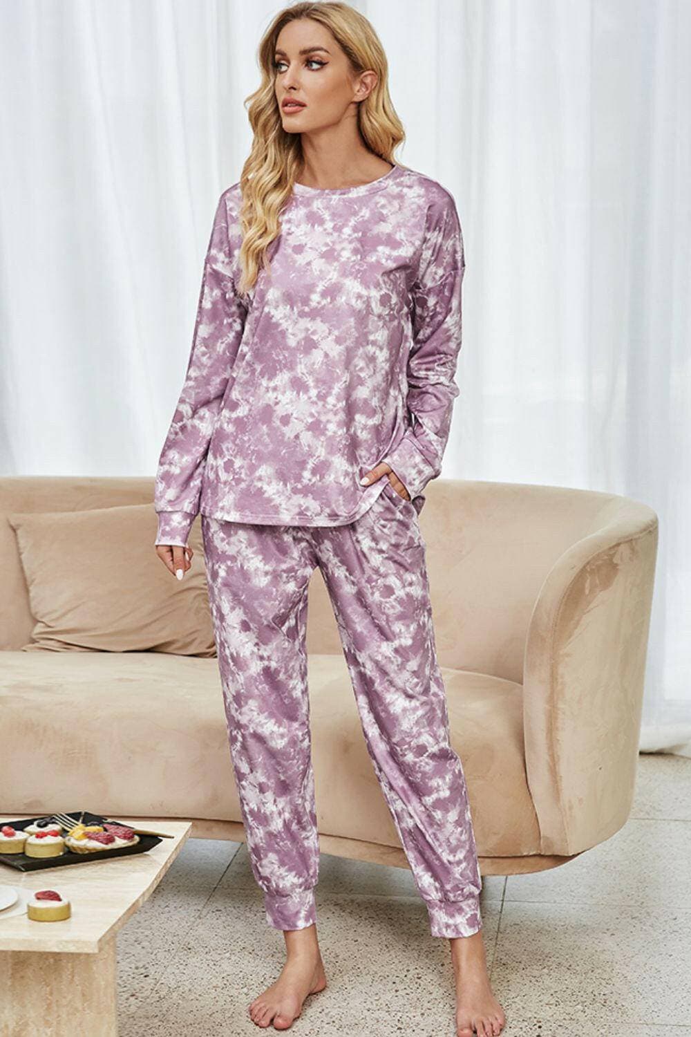 Trendy tie-dye lounge set with long sleeve top and joggers.