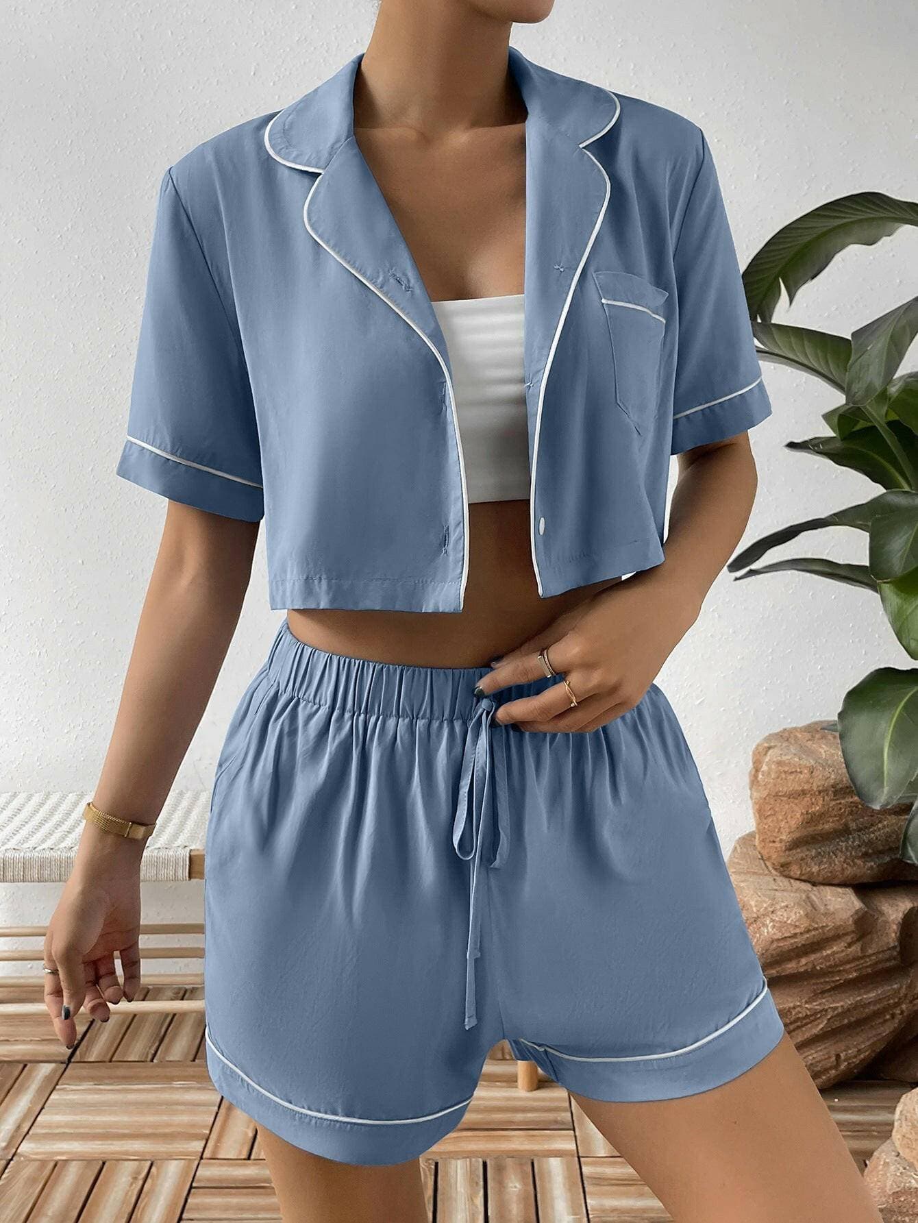 Luxe Lounge Set with Cropped Shirt and Shorts - Sleek Two-Piece Co-ord - Love Salve 