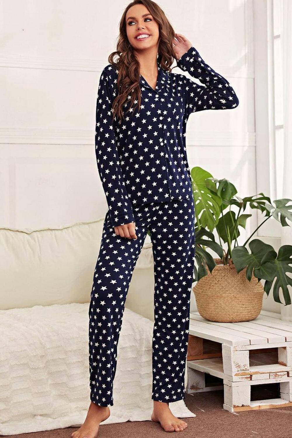 Starry Night Cozy Lounge Set with Button-Up Shirt and Pants - Love Salve 