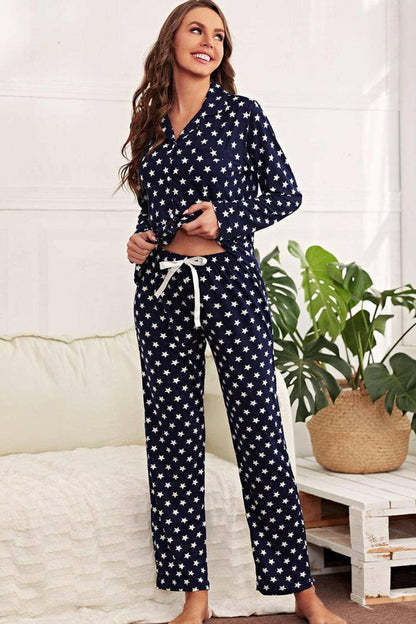 Starry Night Cozy Lounge Set with Button-Up Shirt and Pants - Love Salve 