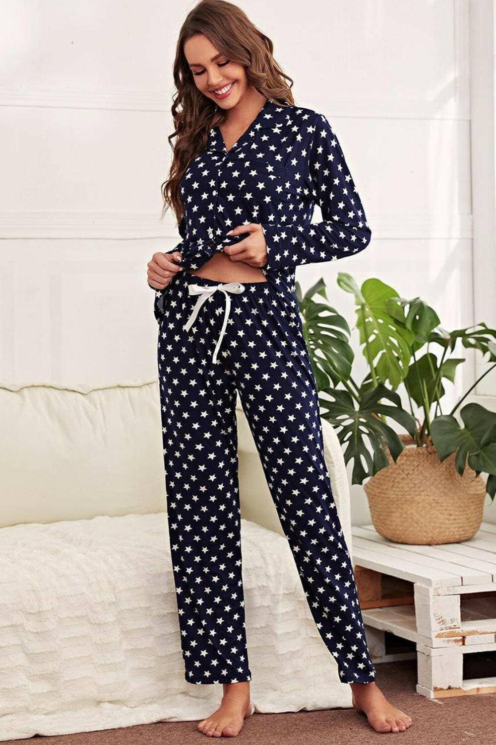 Starry Night Cozy Lounge Set with Button-Up Shirt and Pants - Love Salve 