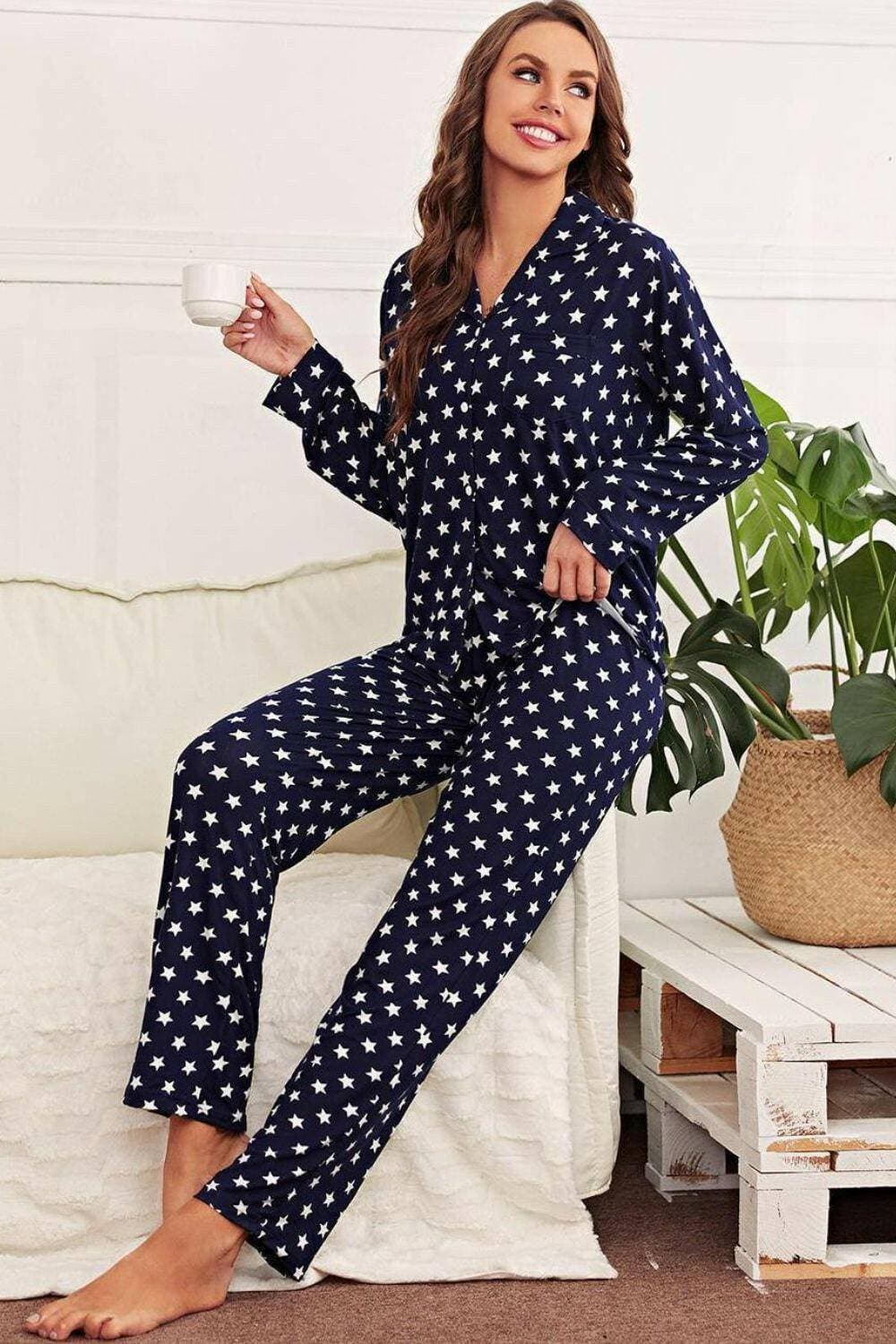 Starry Night Cozy Lounge Set with Button-Up Shirt and Pants - Love Salve 