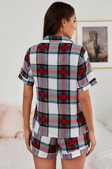 Collared Neck Short Sleeve Lounge Set with Tie DetailUpgrade Your Loungewear Collection
 
 Stay chic and comfortable in our Collared Neck Short Sleeve Lounge Set
 Embrace casual elegance with a trendy tied neckline andLove Salve Collared Neck Short Sleeve Lounge Setlounge