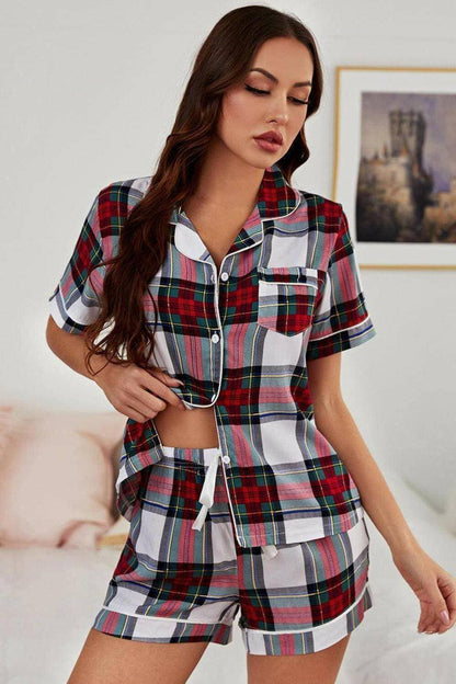 Collared Neck Short Sleeve Lounge Set with Tie DetailUpgrade Your Loungewear Collection
 
 Stay chic and comfortable in our Collared Neck Short Sleeve Lounge Set
 Embrace casual elegance with a trendy tied neckline andLove Salve Collared Neck Short Sleeve Lounge Setlounge