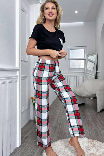 Chic plaid lounge set with trim