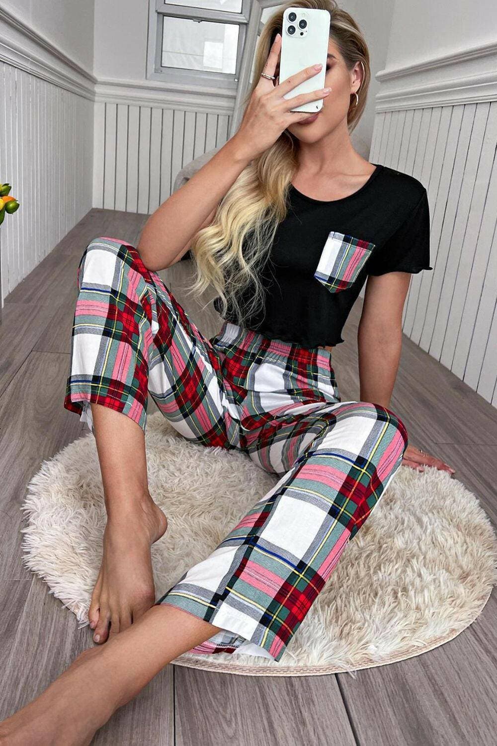 Chic plaid lounge set with trim