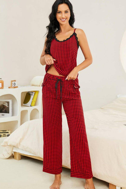 Luxurious Plaid and Lace Pajama Set with Adjustable Drawstring TrouserLuxurious Plaid and Lace Pajama Set with Adjustable Drawstring Trousers
 Indulge in Luxury Comfort with our Plaid Lace Trim Pajama Set:
 
 
Chic Design: Embrace a miLove Salve Lace Pajama Setlounge