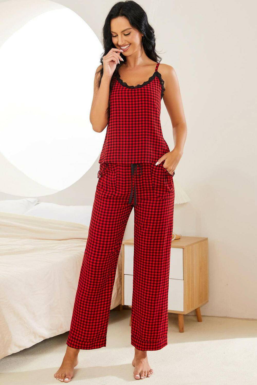 Luxurious Plaid and Lace Pajama Set with Adjustable Drawstring TrouserLuxurious Plaid and Lace Pajama Set with Adjustable Drawstring Trousers
 Indulge in Luxury Comfort with our Plaid Lace Trim Pajama Set:
 
 
Chic Design: Embrace a miLove Salve Lace Pajama Setlounge