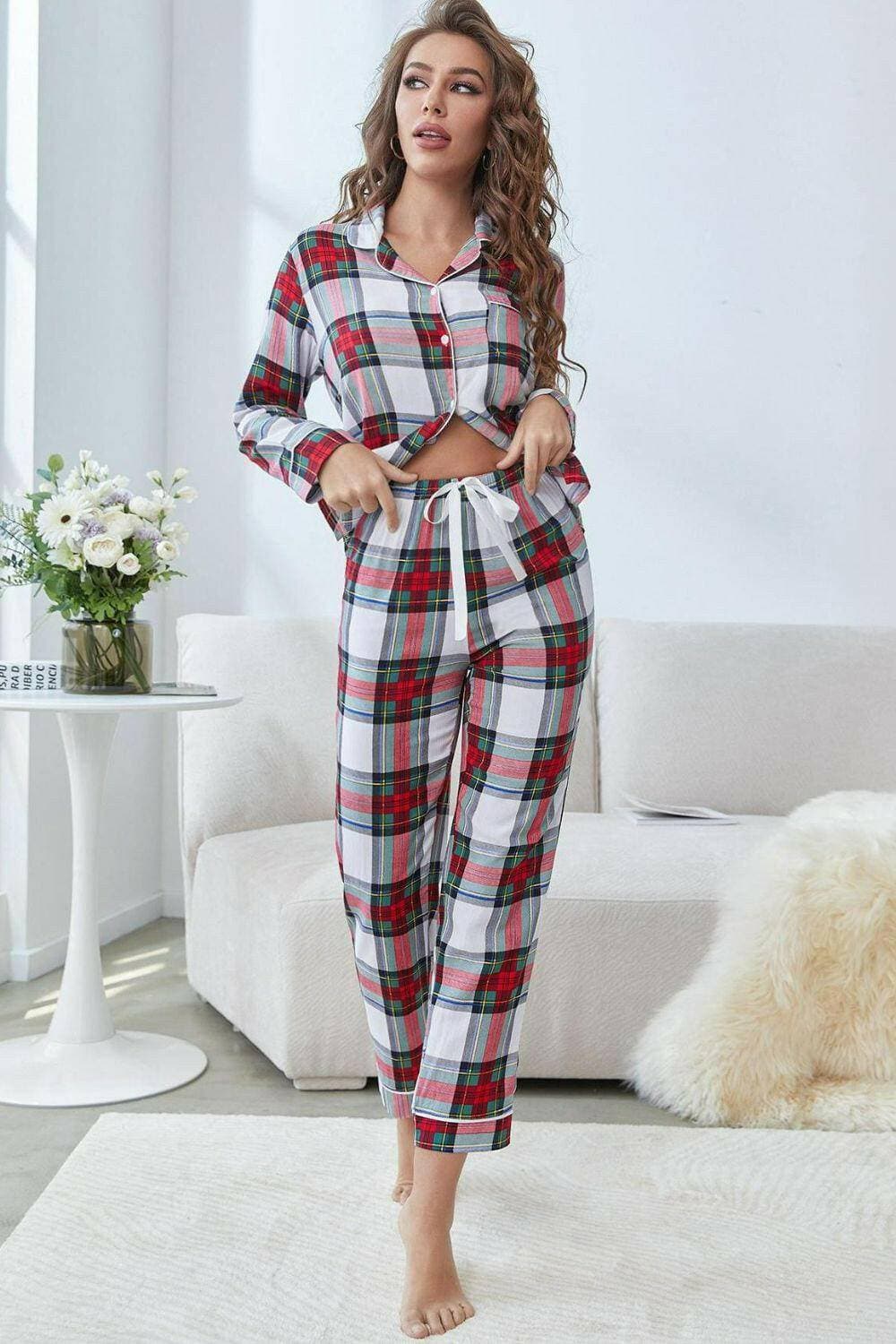 Effortless chic plaid lounge set with button-up top and cropped pants.