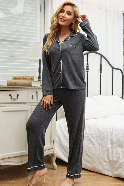 Contrast Trim Button-Up Lounge SetEmbrace Style and Comfort with our Contrast Trim Button-Up Lounge Set
 
 
Stand Out Features: The striking contrast piping and button-down top make a bold statement.Love Salve Contrast Trim Button-lounge