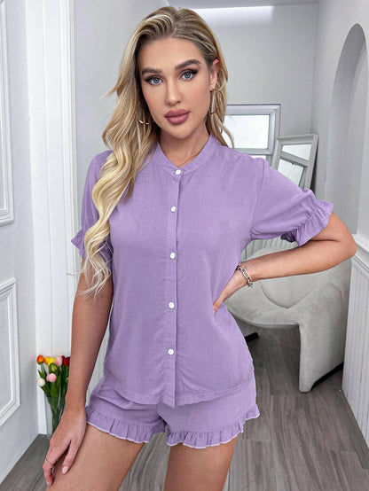 Flounce Sleeve Lounge Set with Frill Trim Shorts - Luxe Viscose CollecUpgrade Your Loungewear Collection with Our Luxe Viscose Lounge Set
 
 
Luxurious Material: Indulge in the sumptuously soft feel of 100% viscose against your skin.
 Love Salve Frill Trim Shorts - Luxe Viscose Collectionlounge