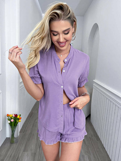 Flounce Sleeve Lounge Set with Frill Trim Shorts - Luxe Viscose CollecUpgrade Your Loungewear Collection with Our Luxe Viscose Lounge Set
 
 
Luxurious Material: Indulge in the sumptuously soft feel of 100% viscose against your skin.
 Love Salve Frill Trim Shorts - Luxe Viscose Collectionlounge