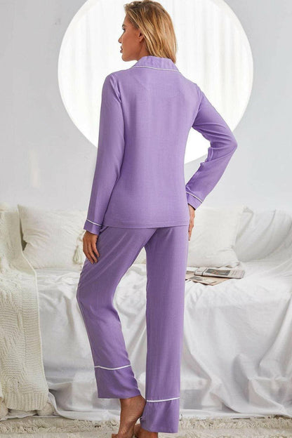 Luxurious Contrast Collared Pajama Set with Handy PocketsEnhance Your Relaxation in Style
 
 
Chic &amp; Minimalist: Elevate your loungewear game with this luxurious contrast collared pajama set.
 
Convenient Pockets: KeepLove Salve Luxurious Contrast Collared Pajama Setlounge