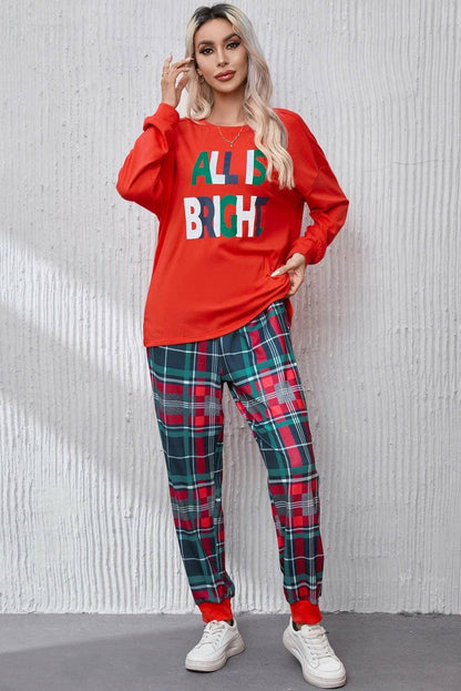 Cozy Chic Plaid Lounge Set with Round Neck Top - Love Salve 