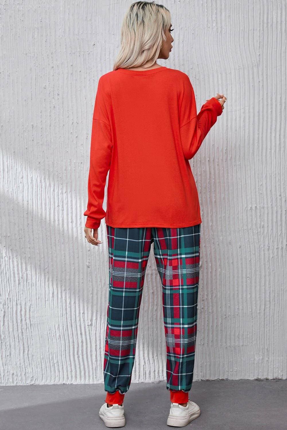 Cozy Chic Plaid Lounge Set with Round Neck Top - Love Salve 