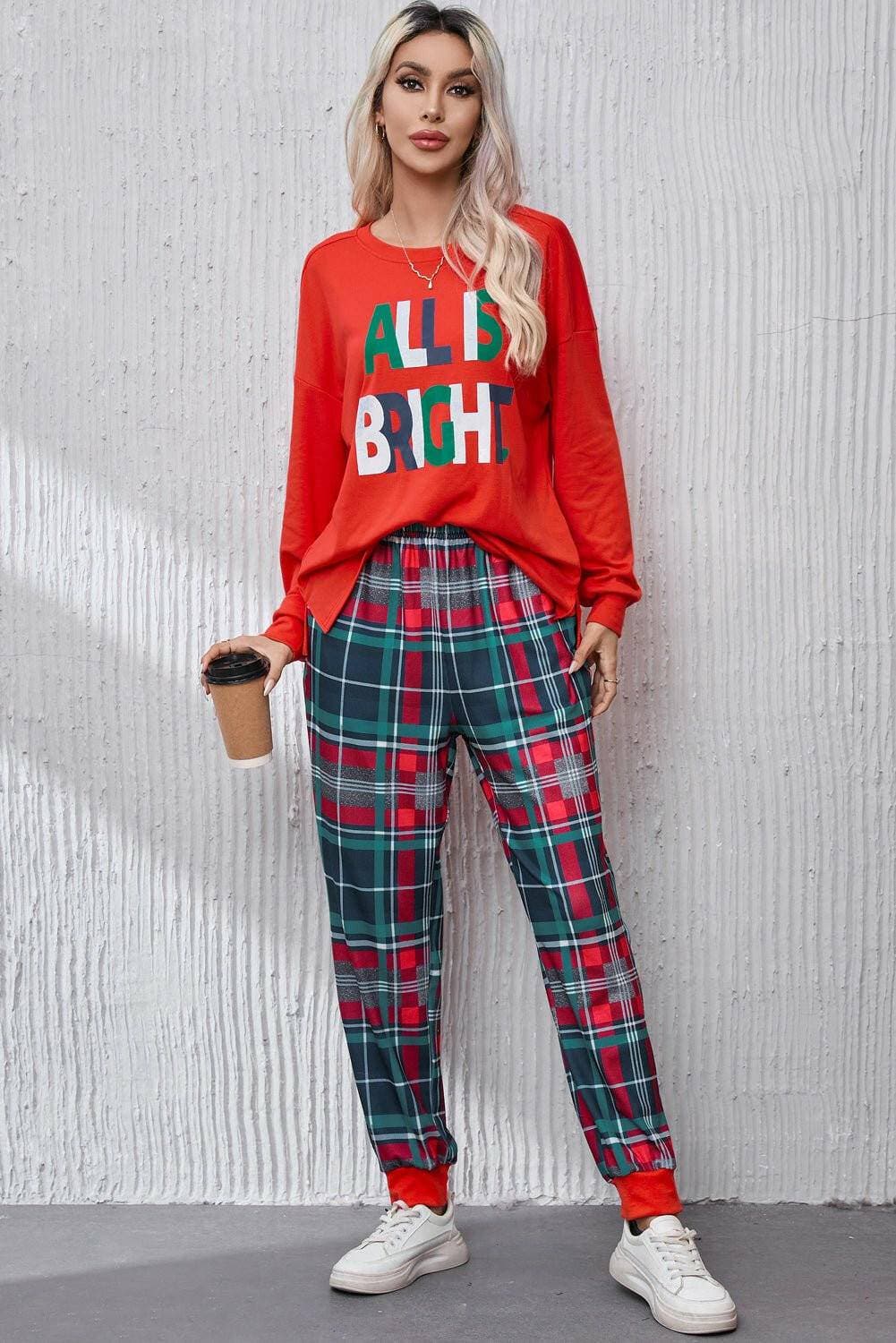 Cozy Chic Plaid Lounge Set with Round Neck Top - Love Salve 