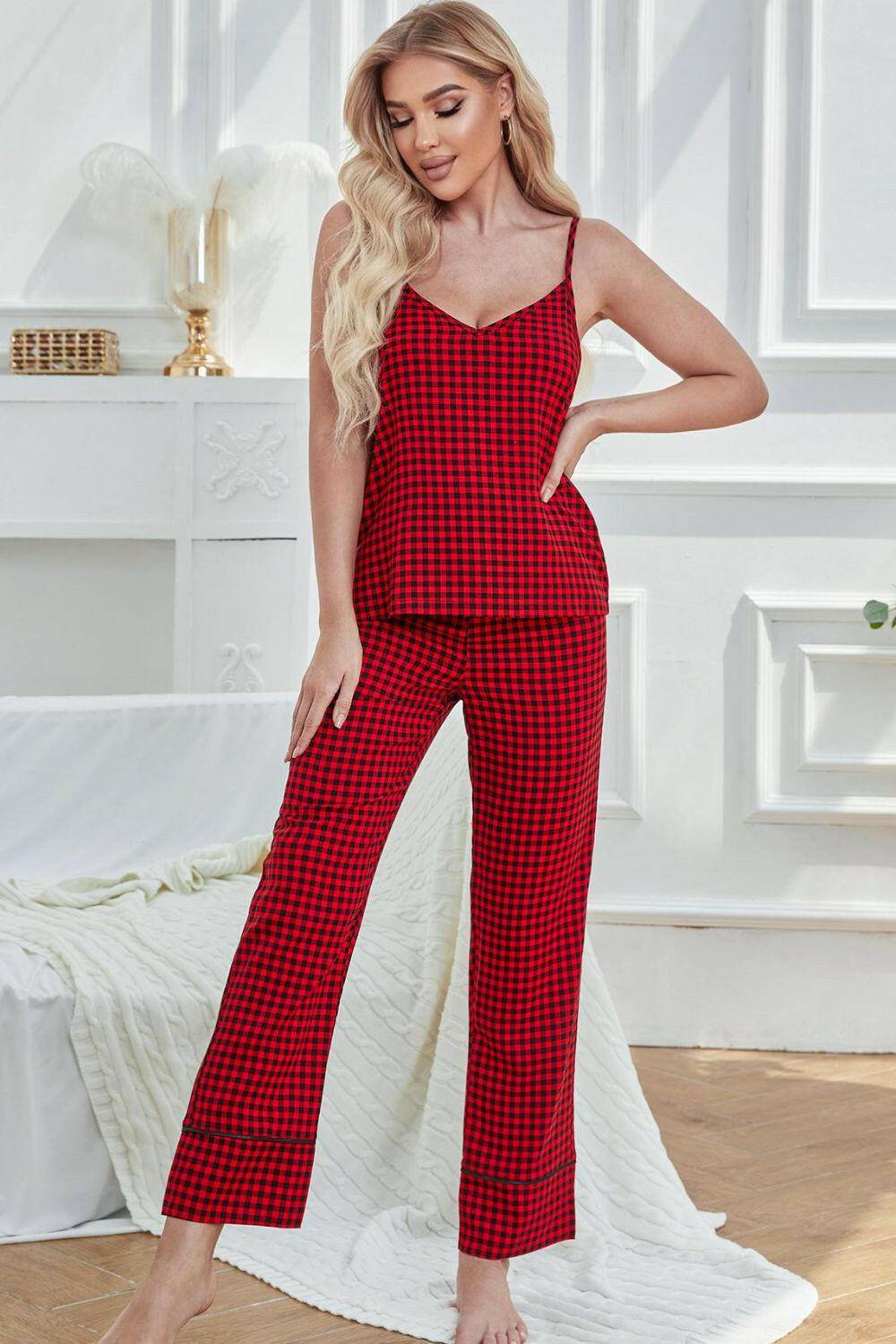 Cozy Chic Plaid Tie-Neck Cami and Lounge Pants EnsembleCozy Chic Plaid Tie-Neck Cami and Lounge Pants Ensemble
 Upgrade your loungewear with the Cozy Chic Plaid Tie-Neck Set. Indulge in both comfort and style with our CoLove Salve Cozy Chic Plaid Tie-Neck Camilounge