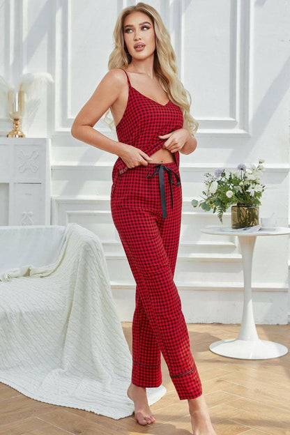 Cozy Chic Plaid Tie-Neck Cami and Lounge Pants EnsembleCozy Chic Plaid Tie-Neck Cami and Lounge Pants Ensemble
 Upgrade your loungewear with the Cozy Chic Plaid Tie-Neck Set. Indulge in both comfort and style with our CoLove Salve Cozy Chic Plaid Tie-Neck Camilounge