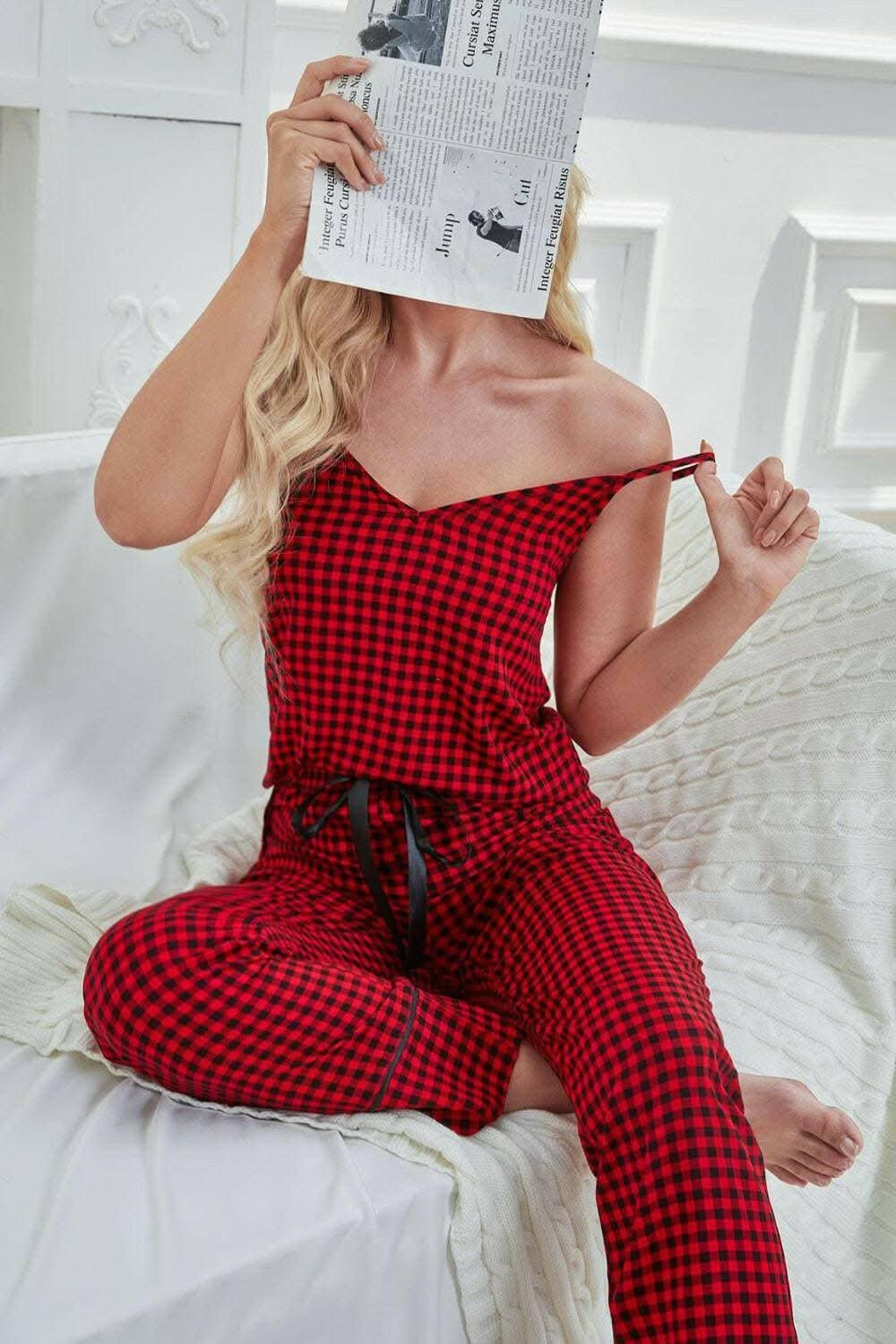 Cozy Chic Plaid Tie-Neck Cami and Lounge Pants EnsembleCozy Chic Plaid Tie-Neck Cami and Lounge Pants Ensemble
 Upgrade your loungewear with the Cozy Chic Plaid Tie-Neck Set. Indulge in both comfort and style with our CoLove Salve Cozy Chic Plaid Tie-Neck Camilounge