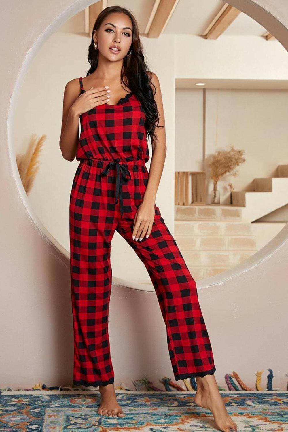 Plaid Lace-Trimmed V-Neck JumpsuitPlaid Lace-Trimmed V-Neck Jumpsuit
 Upgrade your style with the Plaid Lace-Trimmed V-Neck Jumpsuit, a perfect fusion of classic plaid charm and delicate lace sophistLove Salve Plaid Lace-Trimmedlounge