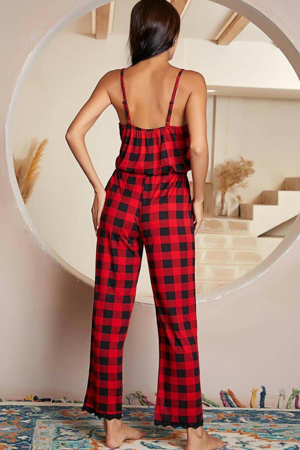 Plaid Lace-Trimmed V-Neck JumpsuitPlaid Lace-Trimmed V-Neck Jumpsuit
 Upgrade your style with the Plaid Lace-Trimmed V-Neck Jumpsuit, a perfect fusion of classic plaid charm and delicate lace sophistLove Salve Plaid Lace-Trimmedlounge