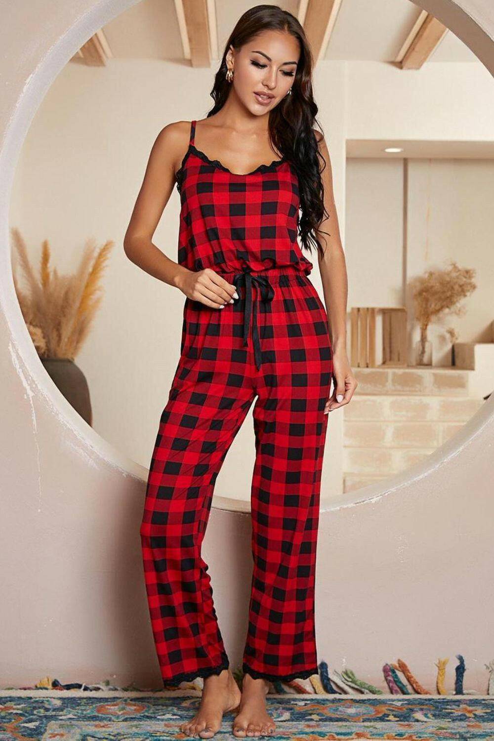 Plaid Lace-Trimmed V-Neck JumpsuitPlaid Lace-Trimmed V-Neck Jumpsuit
 Upgrade your style with the Plaid Lace-Trimmed V-Neck Jumpsuit, a perfect fusion of classic plaid charm and delicate lace sophistLove Salve Plaid Lace-Trimmedlounge