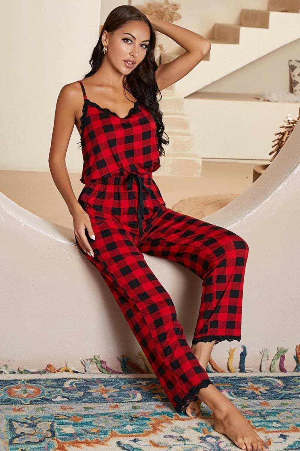 Plaid Lace-Trimmed V-Neck JumpsuitPlaid Lace-Trimmed V-Neck Jumpsuit
 Upgrade your style with the Plaid Lace-Trimmed V-Neck Jumpsuit, a perfect fusion of classic plaid charm and delicate lace sophistLove Salve Plaid Lace-Trimmedlounge