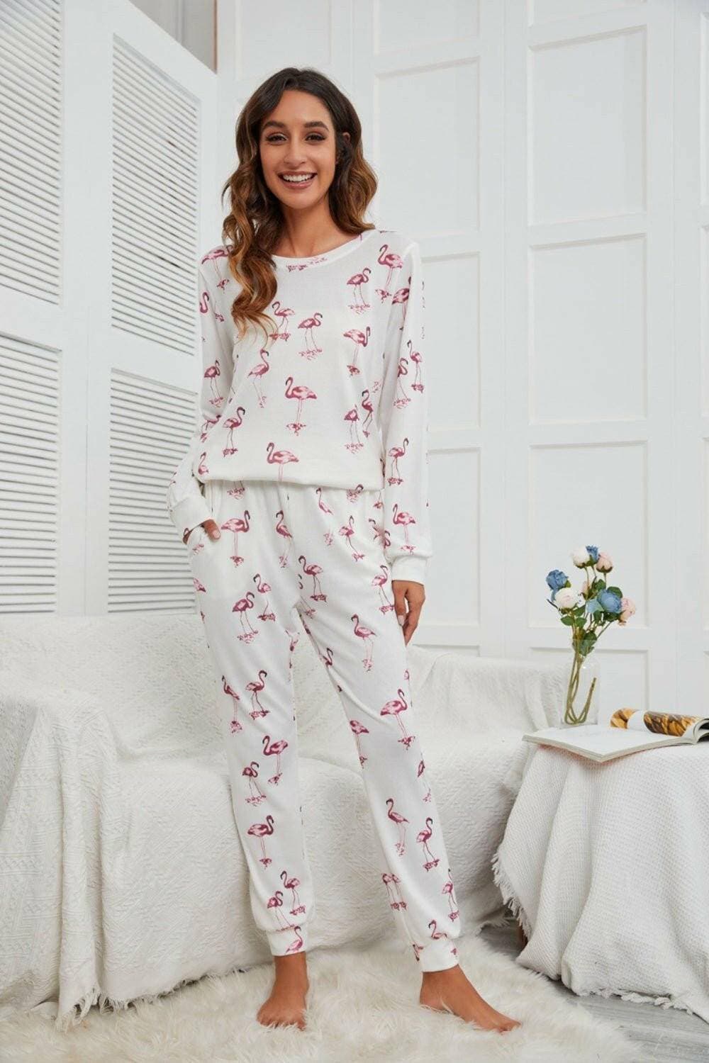 Flamingo Cozy Lounge Set with Long Sleeve Top and Pants - A Stylish Loungewear Ensemble - Love Salve 