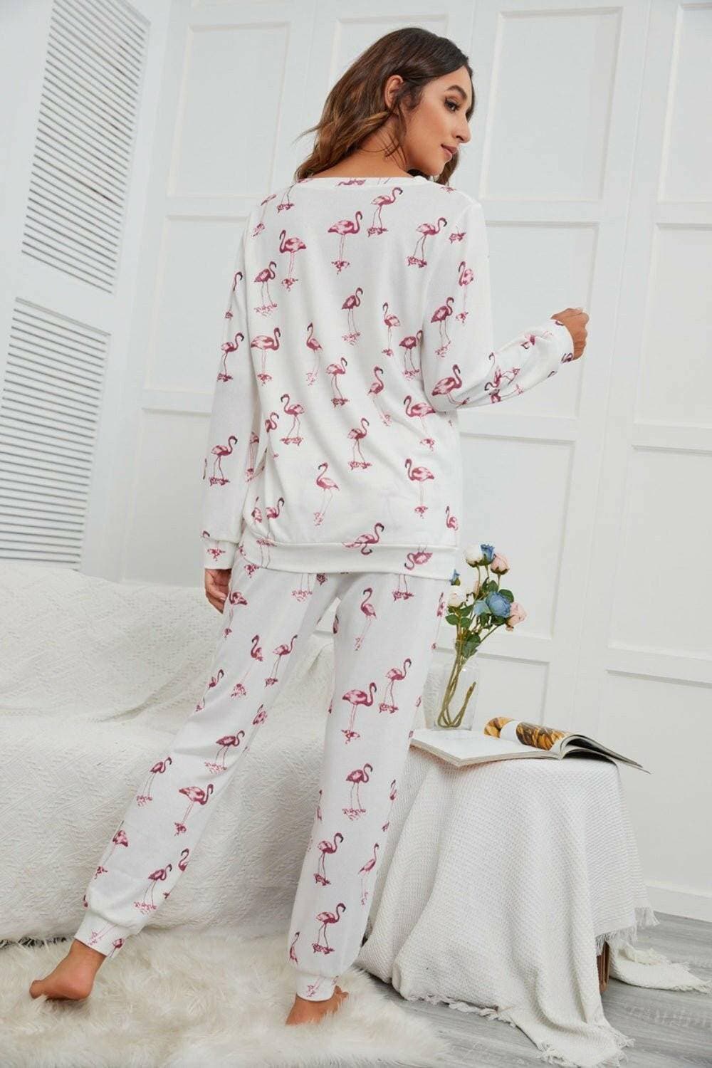 Flamingo Cozy Lounge Set with Long Sleeve Top and Pants - A Stylish Loungewear Ensemble - Love Salve 