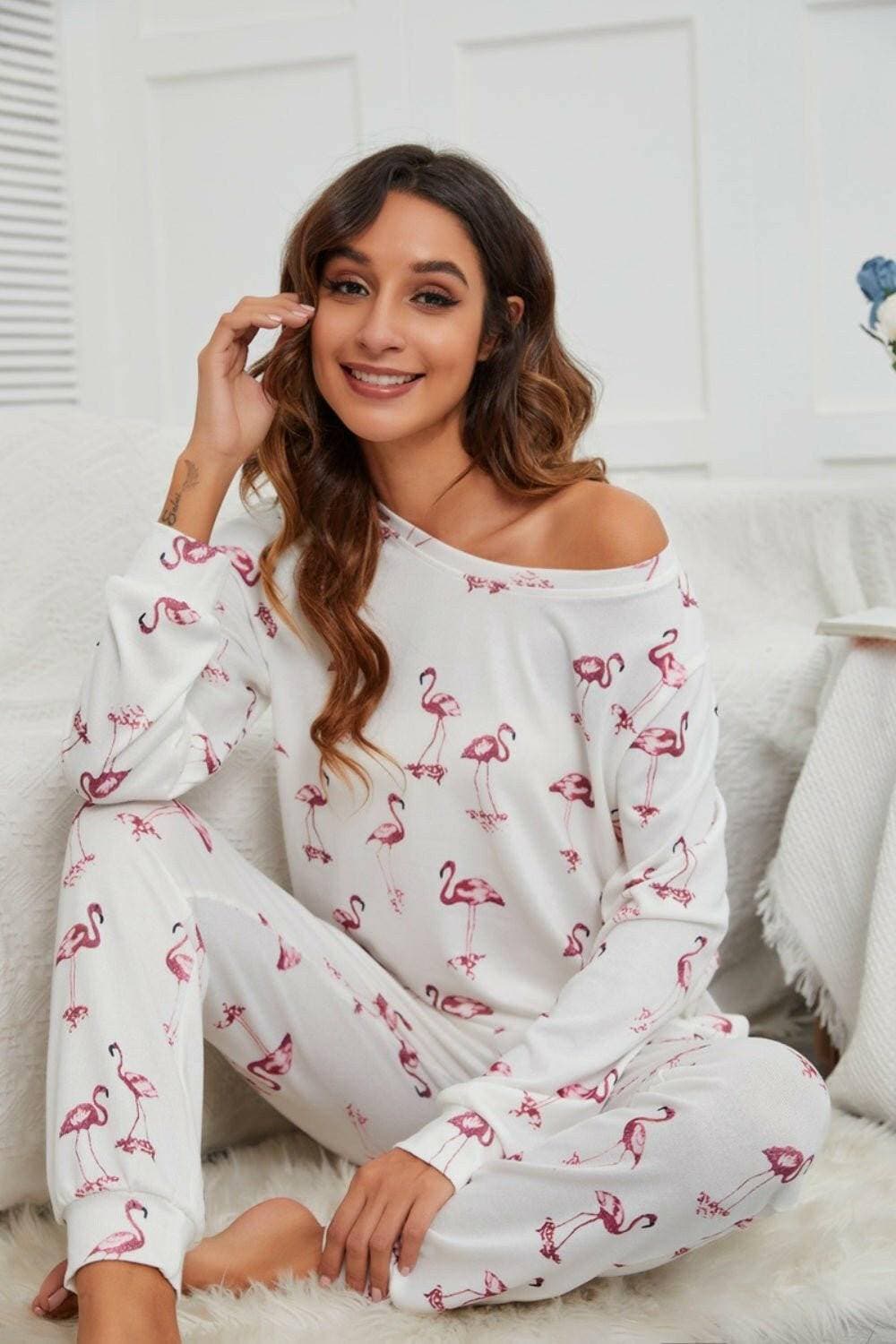 Flamingo Cozy Lounge Set with Long Sleeve Top and Pants - A Stylish Loungewear Ensemble - Love Salve 