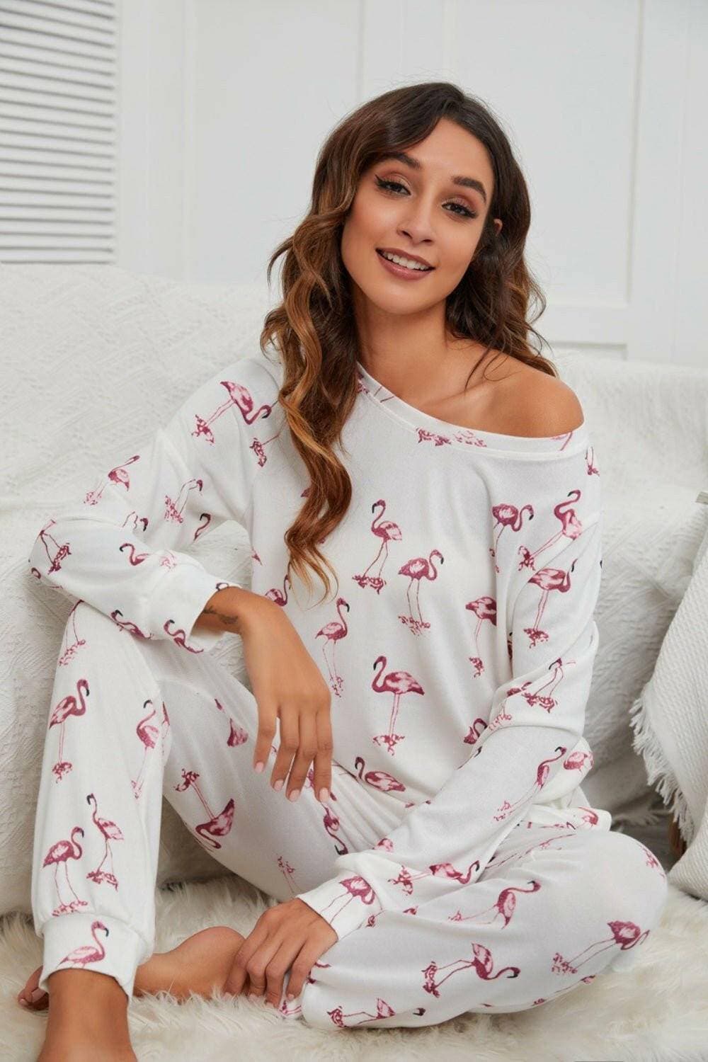 Flamingo Cozy Lounge Set with Long Sleeve Top and Pants - A Stylish Loungewear Ensemble - Love Salve 